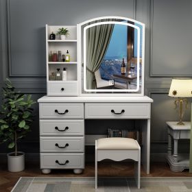 Fashion Vanity Desk with Mirror and Lights for Makeup, Vanity Mirror with Lights and Table Set with 3 Color Lighting Brightness Adjustable, 6 Dra